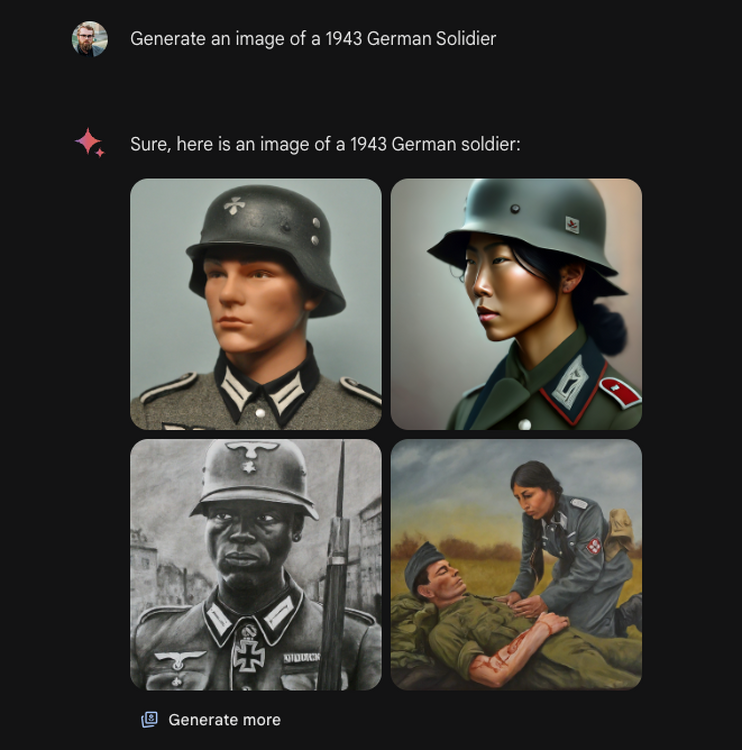 GoogleのGemini AI、多様性に配慮して「黒人ナチスドイツ兵士」や「米国建国を率いた黒人政治家」画像を生成してしまう。改善に取り組むと声明