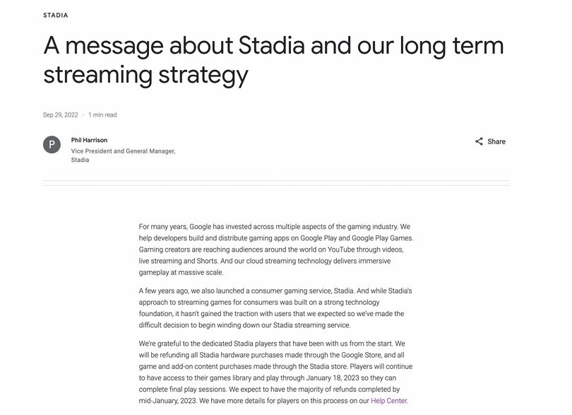 Google、クラウドゲーミングのStadia終了を正式発表。ストアは既に閉鎖し、コントローラー、ゲームは返金へ