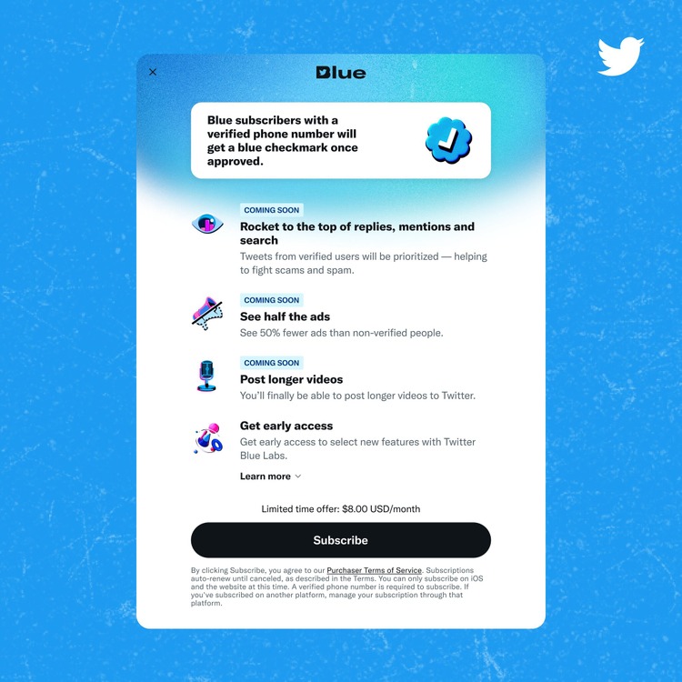 ツイッター有料プランTwitter Blue受付再開。月1800円のアプリ内課金で青い認証マークつき