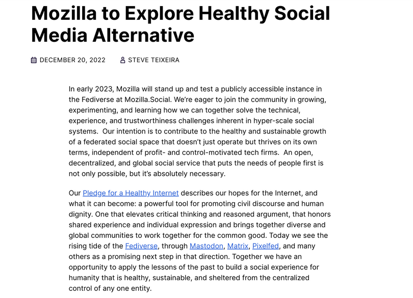 Mozilla、マストドンサーバを2023年前半に立ち上げると宣言。分散型SNSに注力