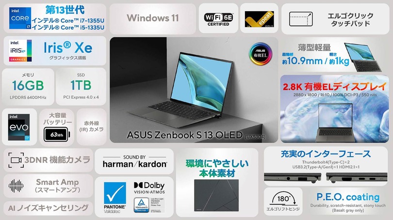 ASUS Zenbook S 13 OLED発売。2.8K有機EL・14時間駆動・約1kgで16万～の最高コスパ高性能モデル（笠原一輝）