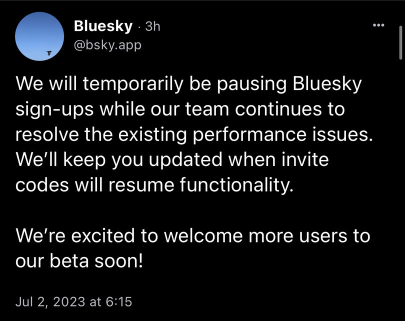 Twitter創業者が支援する『Bluesky』、新規登録を一時停止。Twitterの表示制限騒ぎで激重に