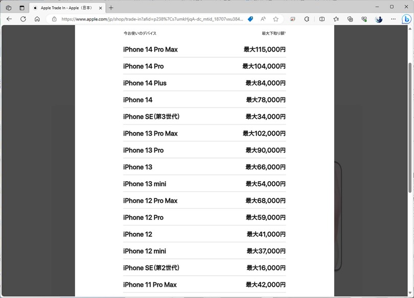 ▲現状の最高値はiPhone 14 Pro Maxの1TB版。下取り額は11万5000円だ