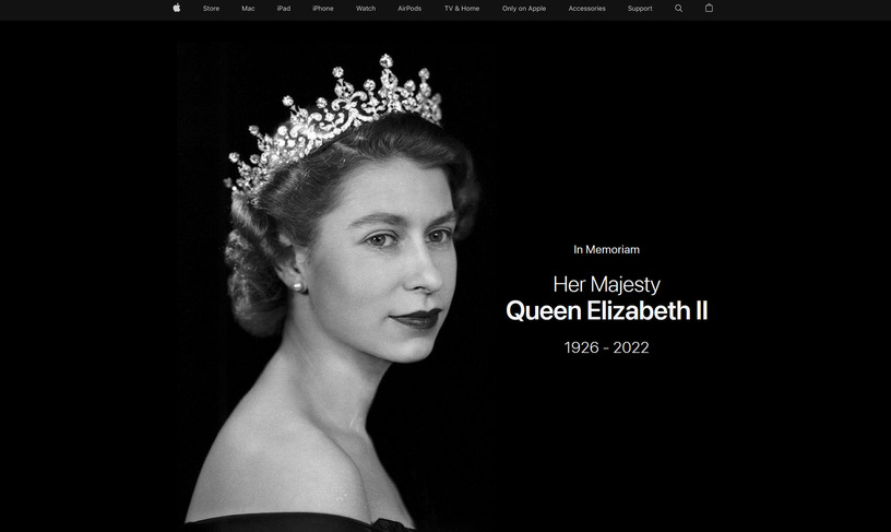 アップル、英エリザベス女王を追悼。トップページ全面で 画像