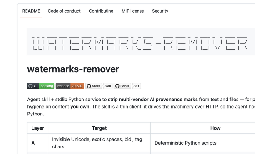 Anthropicの電子透かし導入発表直後に登場した透かし剥がしOSS「watermarks-remover」がClaude・Gemini・OpenAIに対応（生成AIクローズアップ） 画像