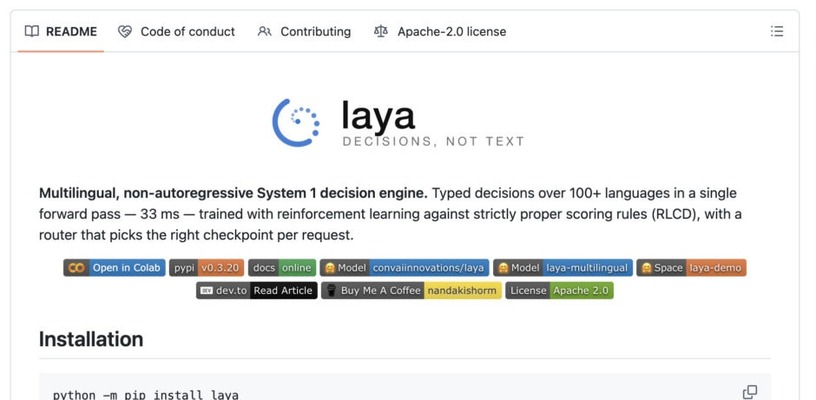 新種の“判断だけAI”が無料で使える「Laya」がオープンソースで登場。Jevの約7.8倍高速（生成AIクローズアップ） 画像