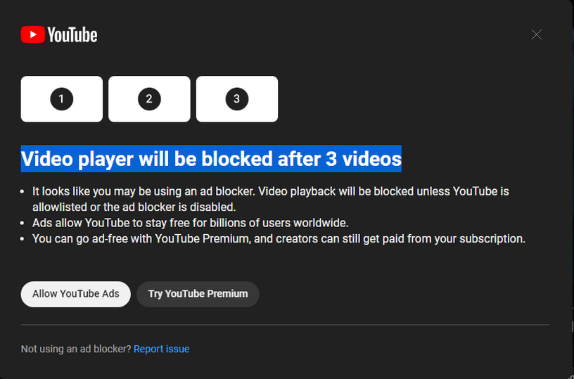YouTubeが広告ブロック使用ユーザーに警告開始。無視を続ければ再生不可に 画像