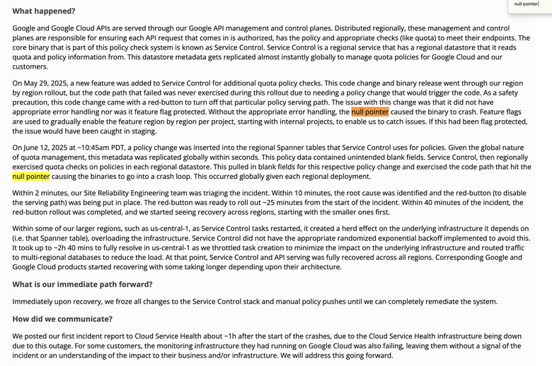 原因はヌルポ。Google Cloudの大規模障害、原因は管理システムのヌルポインタ参照