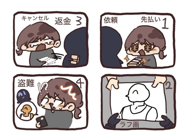 絵師を騙す詐欺手口に注意。報酬を先にもらう→ざっと描いた線画ラフ渡す→キャンセルされ返金→ラフを元にAI生成した絵が無断でネットに登場（生成AIクローズアップ） 画像