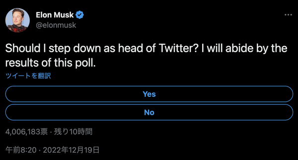 イーロン・マスク「TwitterのCEO辞めたほうがいいかな？」とツイッター投票募る。結果に従うと公言 画像