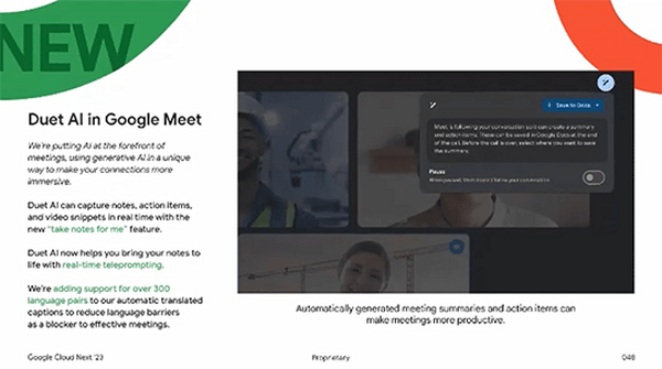 Google「Duet AI」サービス多数発表。Gmail代筆やMeet議事録、データ分析からコード生成まで全面採用（Google Cloud Next '23） 画像