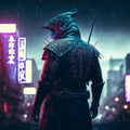 Looking samurai and street with blurred neon lights at night on background. Postproducted generative AI digital illustration.