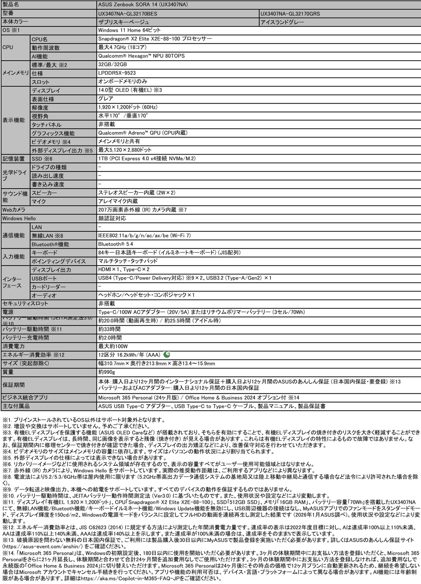 ASUS Zenbook SORA 14 / 16発表。Snapdragon X2 Elite採用、軽量ノート