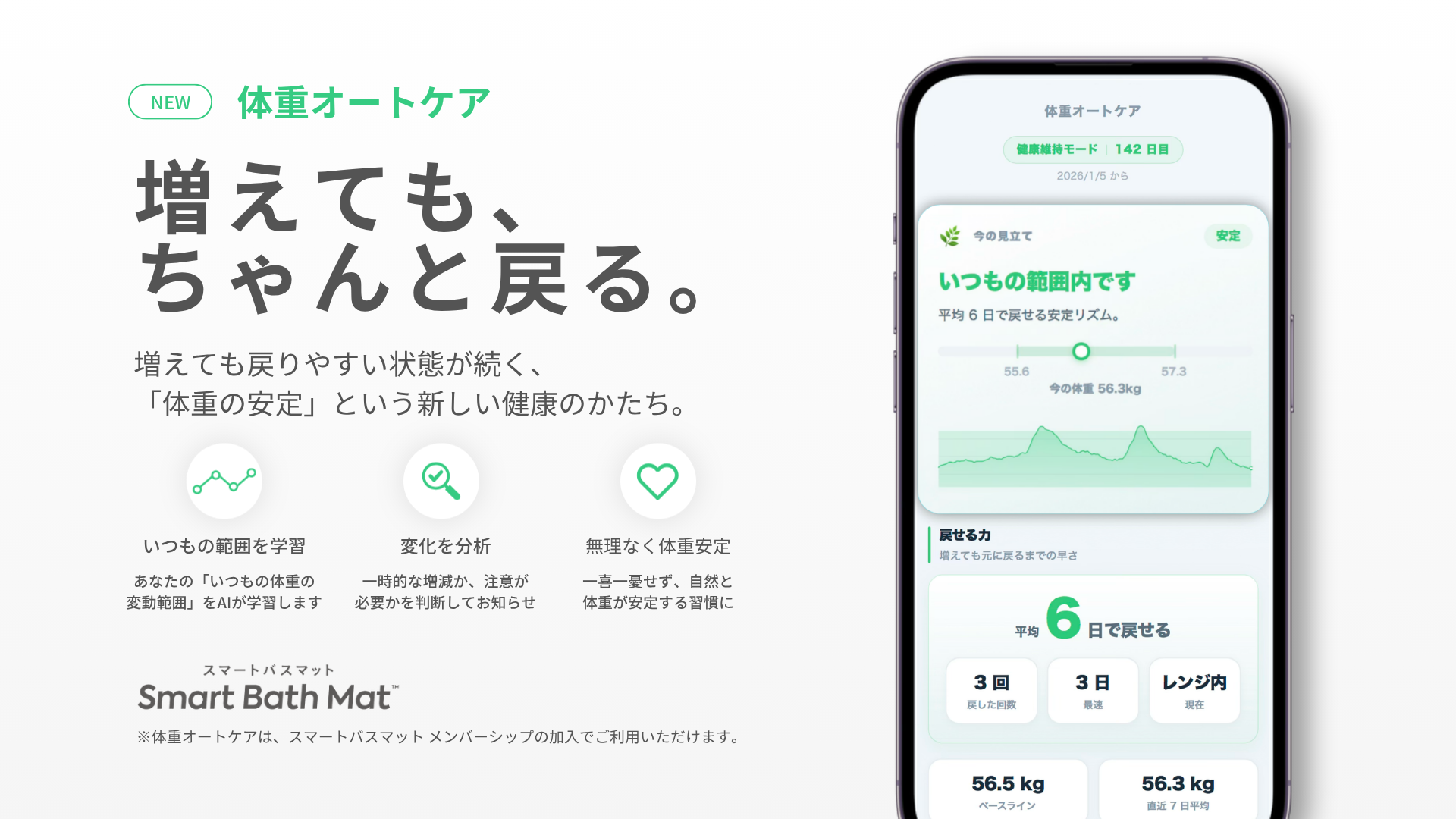 乗るだけ体組成計スマートバスマットに新モデル、AIで体重変動を先読み