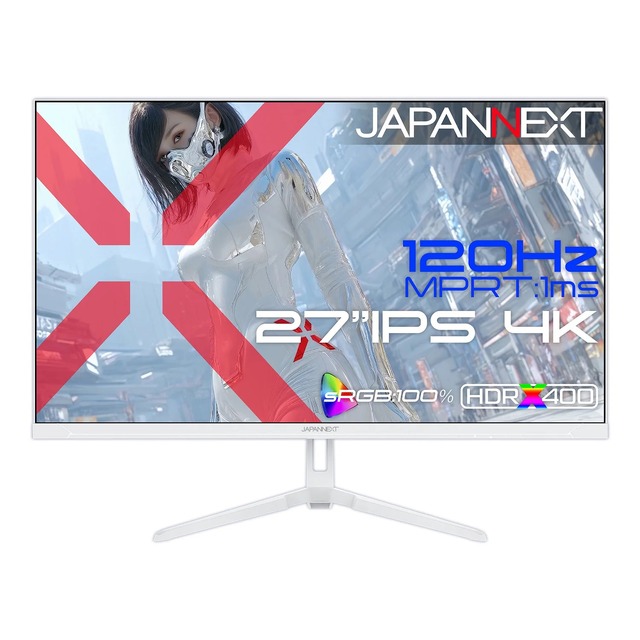 JAPANNEXTの27型4Kゲーミングモニタに白い新モデル、3万6980円　PS5の120Hz / VRR対応、付属品までホワイト