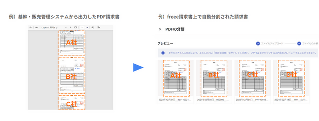 PDFで連なった請求書がfreee請求書上で送付先毎に自動分割される