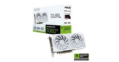ASUS、NVIDIA(R) GeForce RTX(TM) 5060 Ti 16GBを搭載したビデオカード、デュアルファンのホワイトエディション「DUAL-RTX5060TI-O16G-WHITE」を発表
