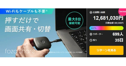 応援購入総額1,200万円突破！Makuakeで想定を大きく超える支持を獲得した次世代会議ソリューション『foza share（フォーザシェア）』押すだけ簡単、最大8台同時接続、会議とプレゼンを革新